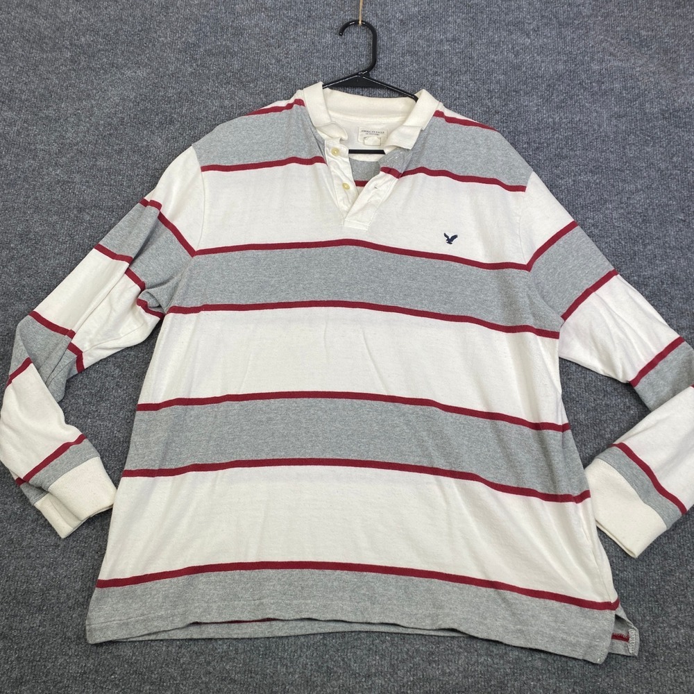 American Eagle Mens Large Rugby Shirt Long Sleeve Striped White Grey Red Y2K